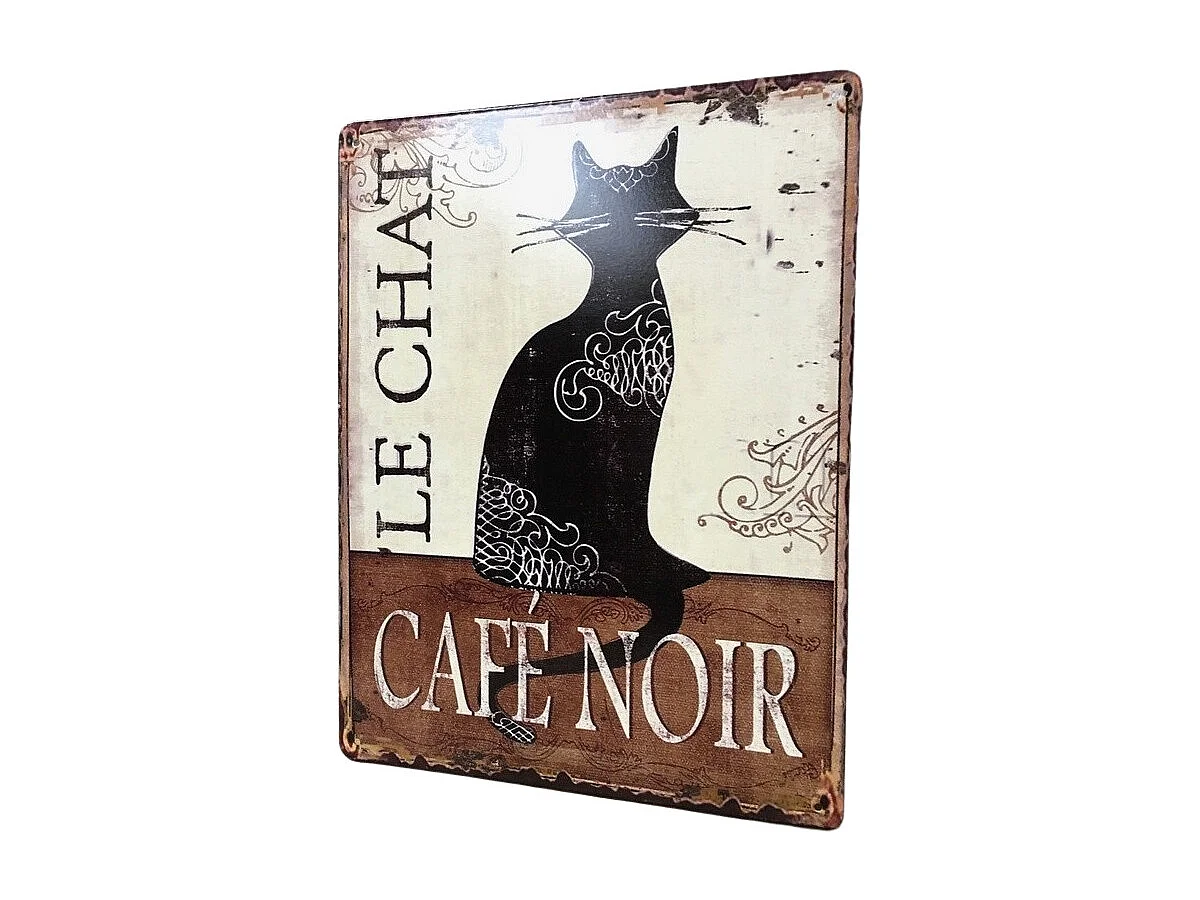 Plaque murale décorative vintage fer noir marron chat café 33x25cm