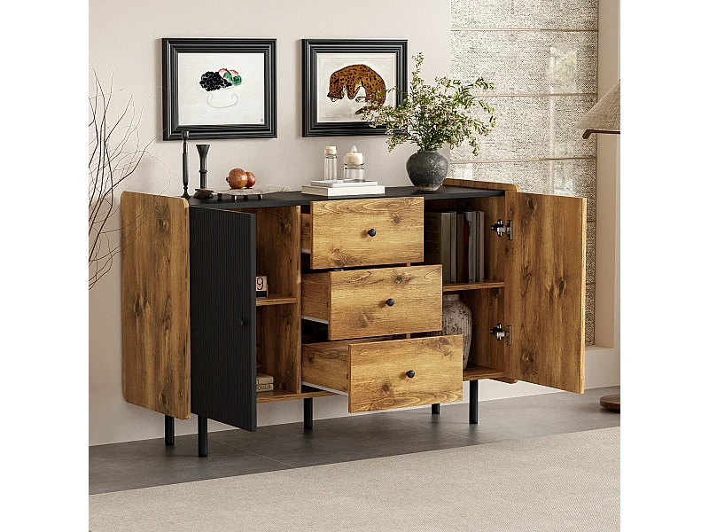 120 cm Schwarzer und Holzfarbener Sideboard - Moderner Stil, 2 Türen und 3 Schubladen