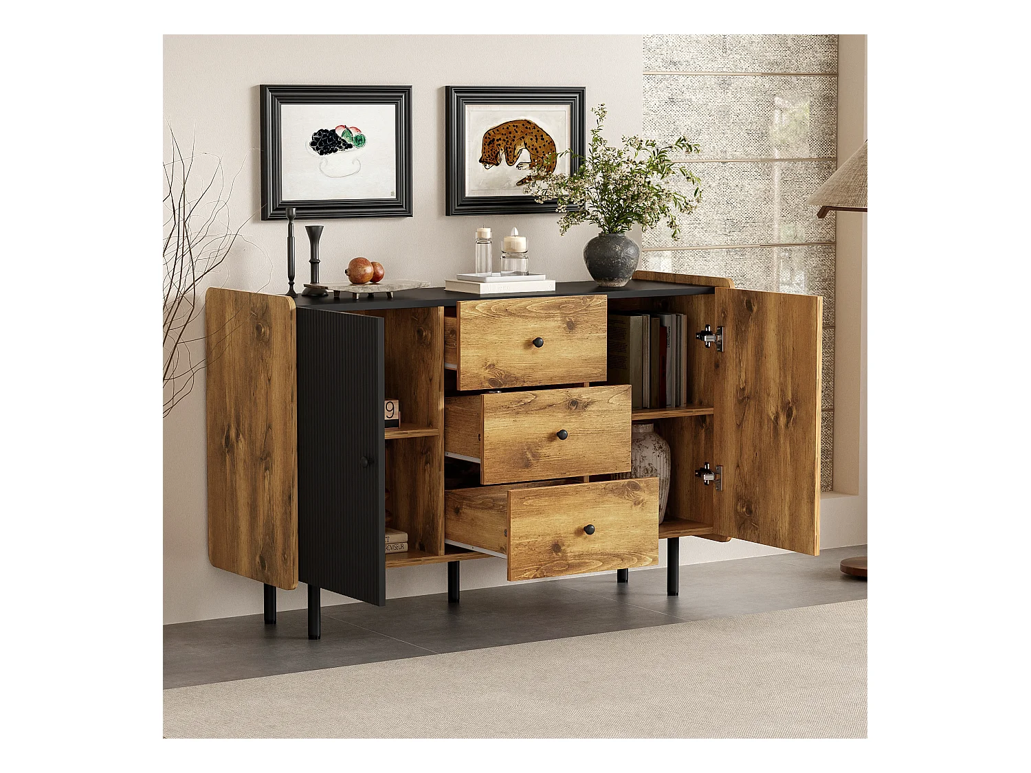 Buffet noir et bois 120 cm - Style moderne, 2 portes et 3 tiroirs