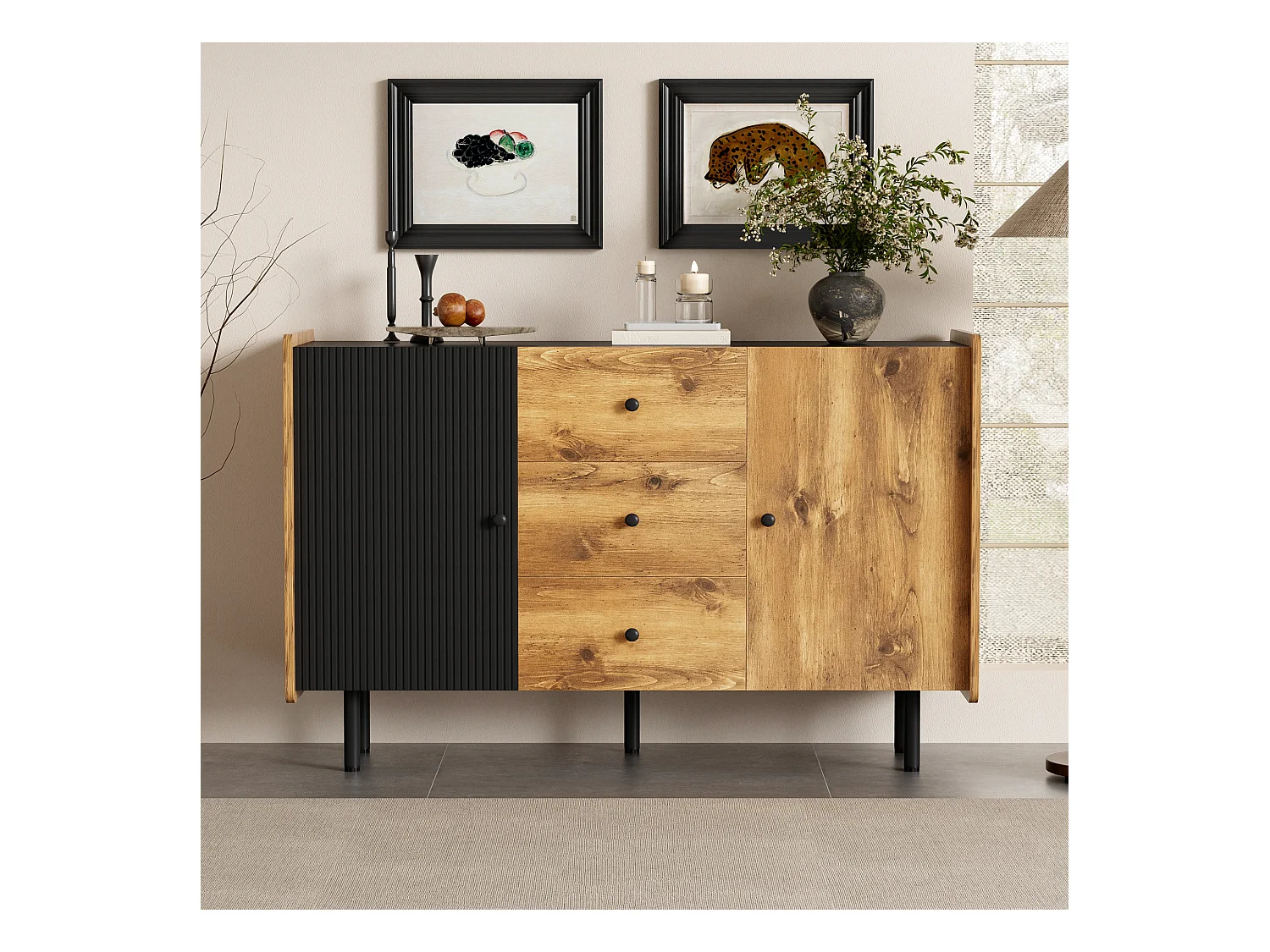 Buffet noir et bois 120 cm - Style moderne, 2 portes et 3 tiroirs