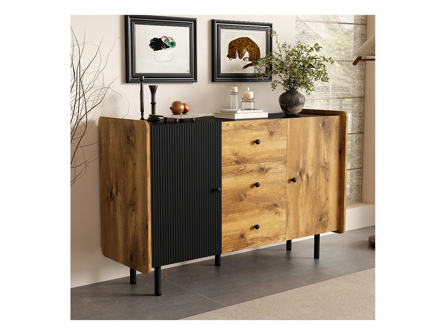 Buffet noir et bois 120 cm - Style moderne, 2 portes et 3 tiroirs