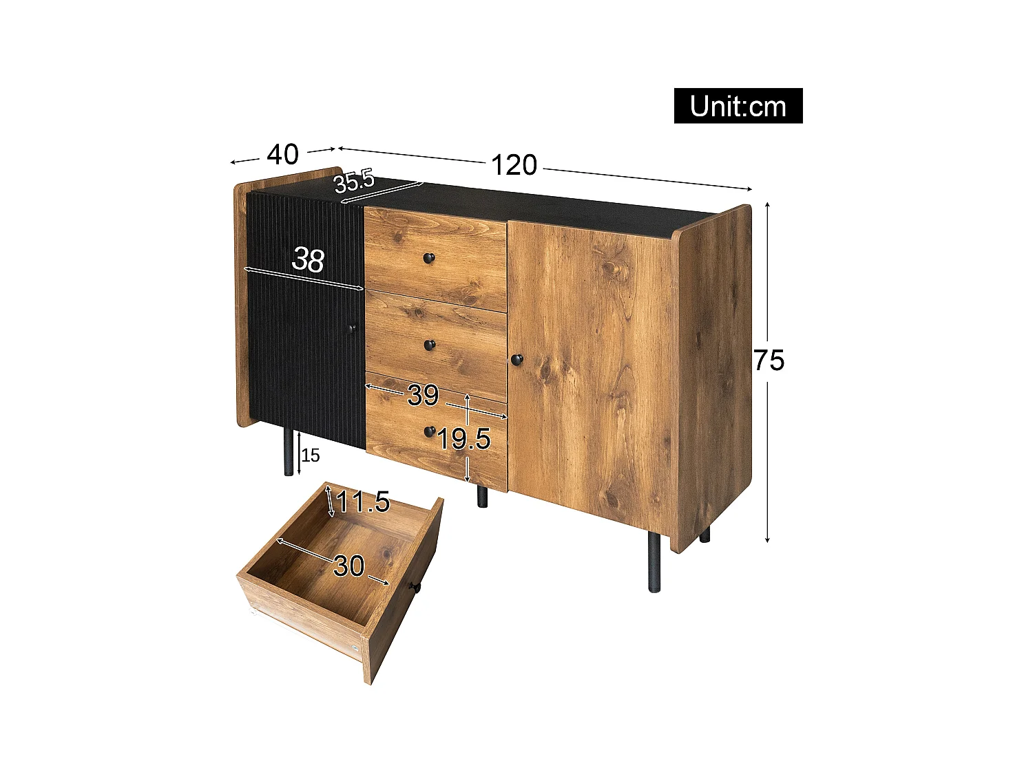 Buffet noir et bois 120 cm - Style moderne, 2 portes et 3 tiroirs