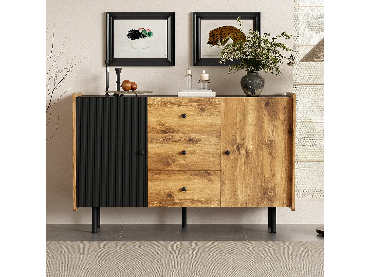120 cm Schwarzer und Holzfarbener Sideboard - Moderner Stil, 2 Türen und 3 Schubladen