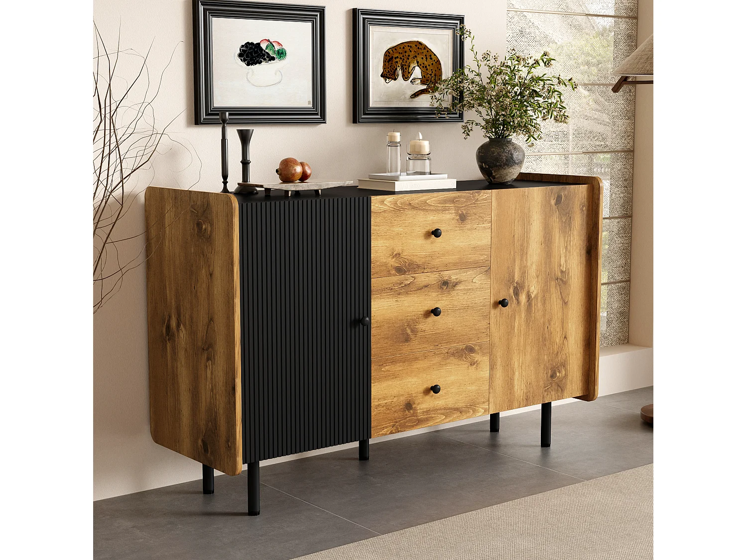 120 cm Schwarzer und Holzfarbener Sideboard - Moderner Stil, 2 Türen und 3 Schubladen