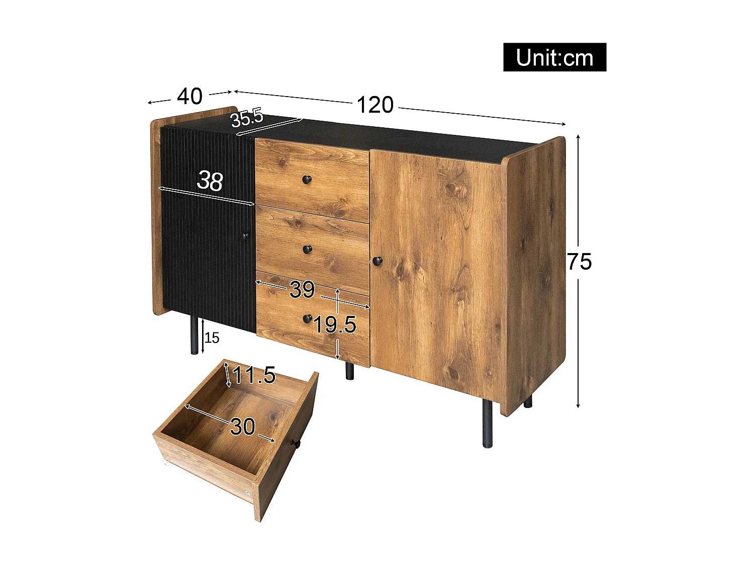 120 cm Schwarzer und Holzfarbener Sideboard - Moderner Stil, 2 Türen und 3 Schubladen