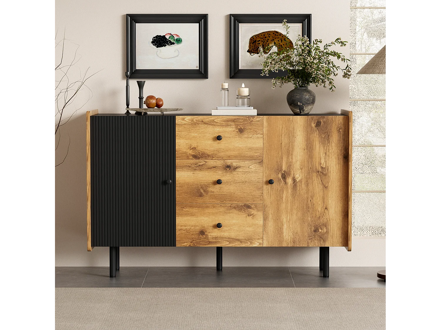 Credenza nera e legno da 120 cm - Stile moderno, 2 ante e 3 cassetti