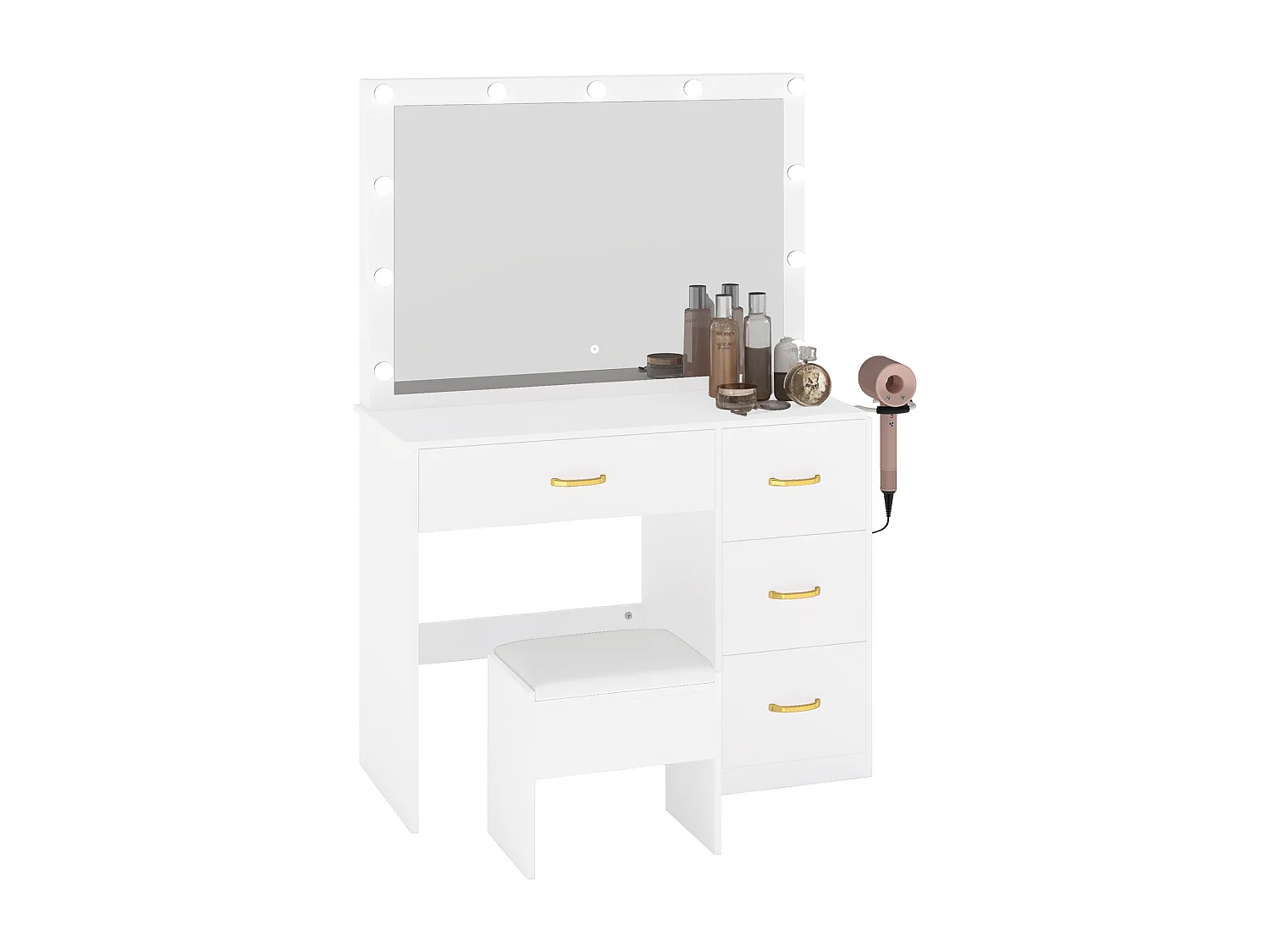 YITAHOME Coiffeuse avec Miroir - 4 tiroirs - Tabouret - éclairage - Prise de Courant - Blanche