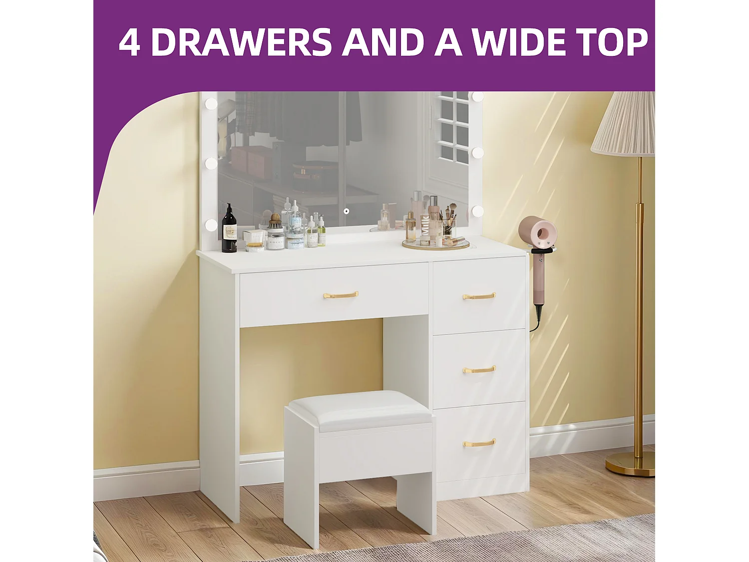 YITAHOME Coiffeuse avec Miroir - 4 tiroirs - Tabouret - éclairage - Prise de Courant - Blanche
