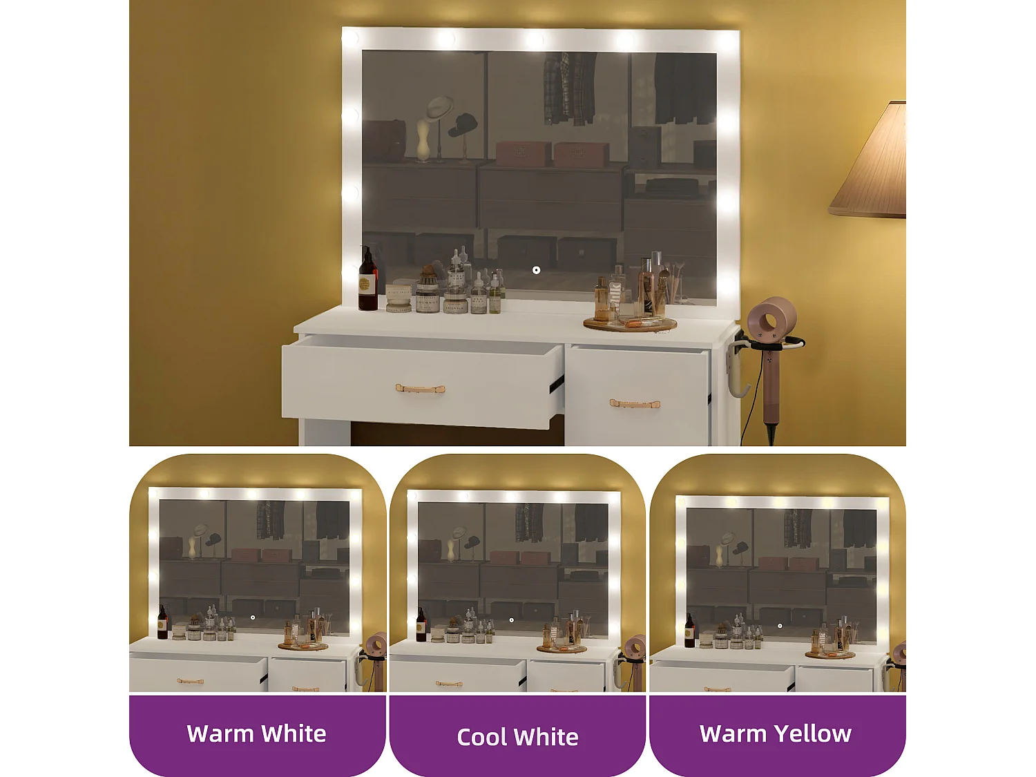 YITAHOME Coiffeuse avec Miroir - 4 tiroirs - Tabouret - éclairage - Prise de Courant - Blanche