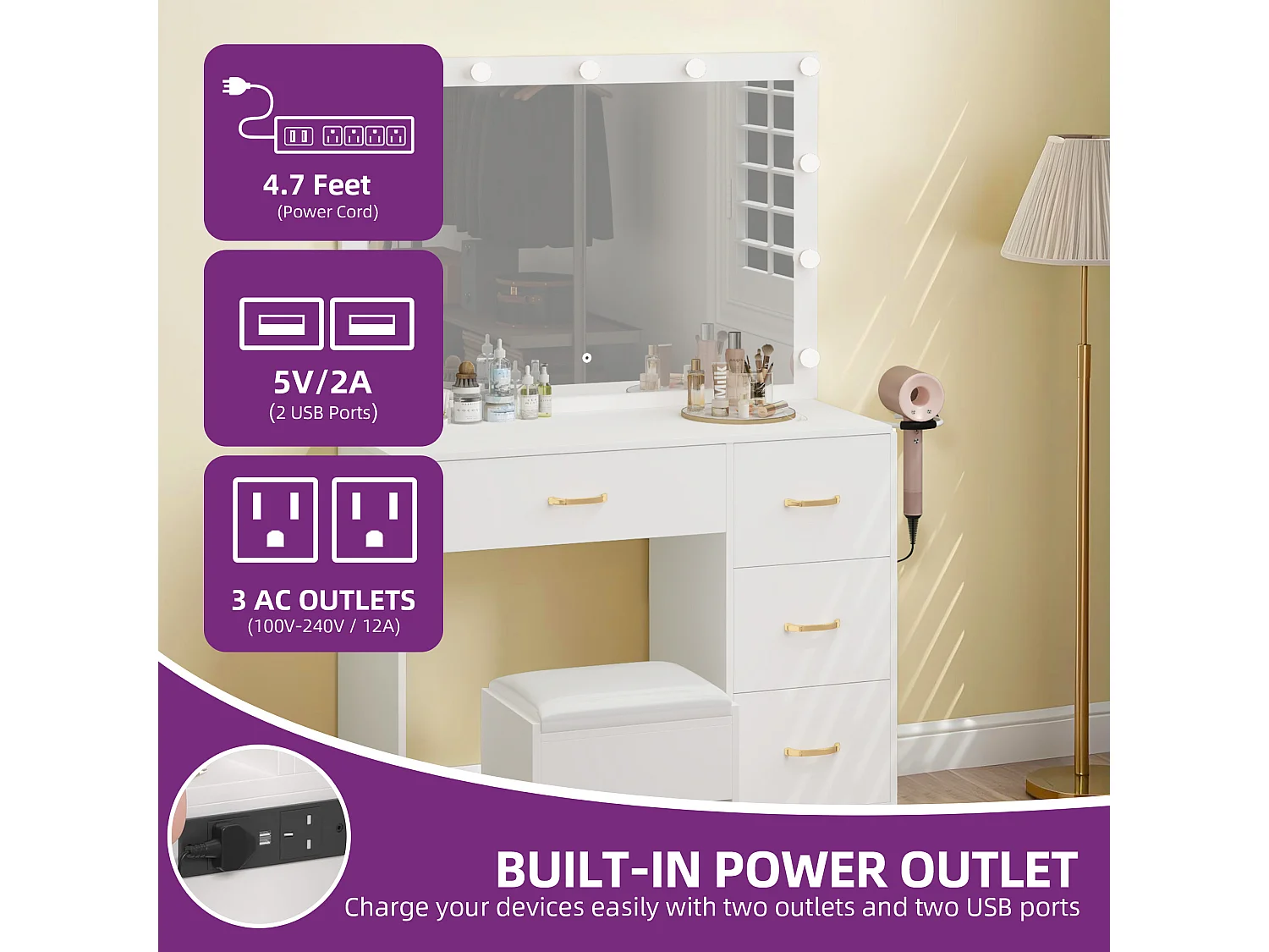 YITAHOME Coiffeuse avec Miroir - 4 tiroirs - Tabouret - éclairage - Prise de Courant - Blanche