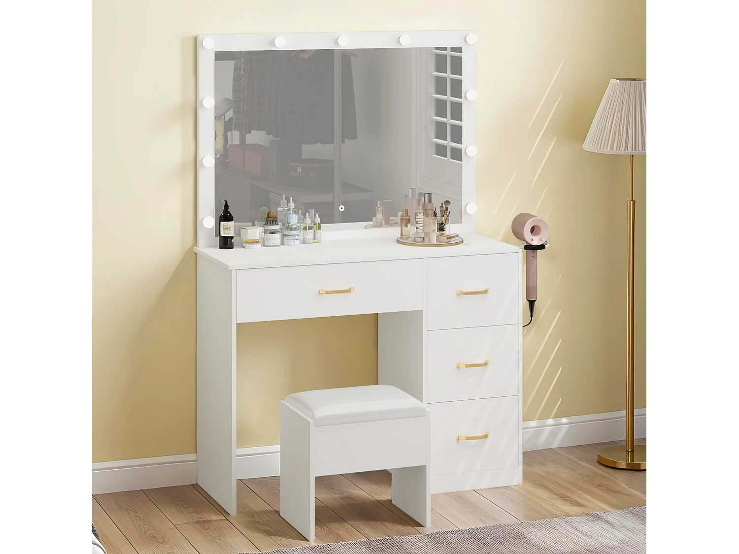 YITAHOME Coiffeuse avec Miroir - 4 tiroirs - Tabouret - éclairage - Prise de Courant - Blanche