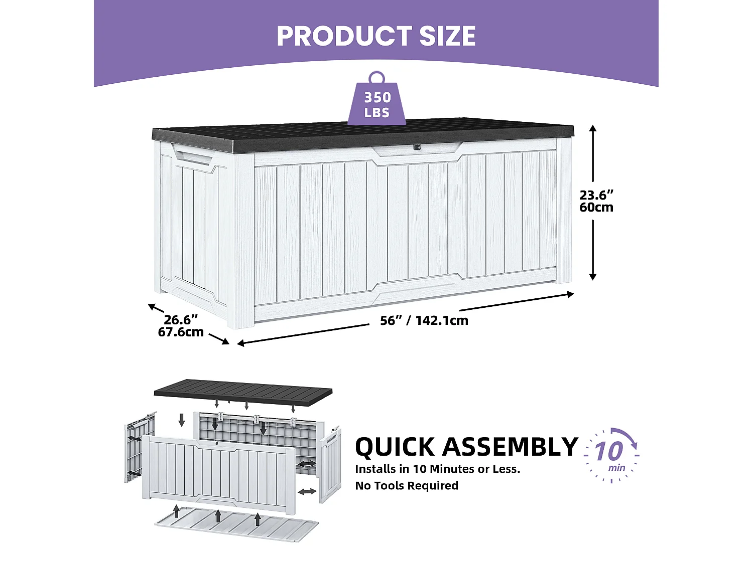 YITAHOME Boîte de rangement Extérieure - Boîte de Rangement de jardin - 142 x 67 x 69 cm - 390 L - Verrouillable - Blanc