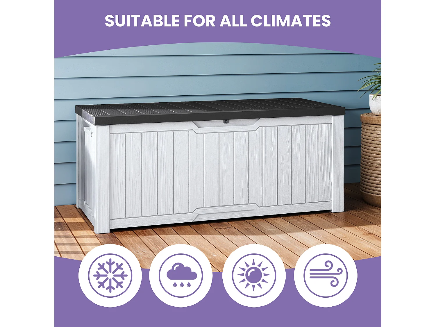 YITAHOME Boîte de rangement Extérieure - Boîte de Rangement de jardin - 142 x 67 x 69 cm - 390 L - Verrouillable - Blanc