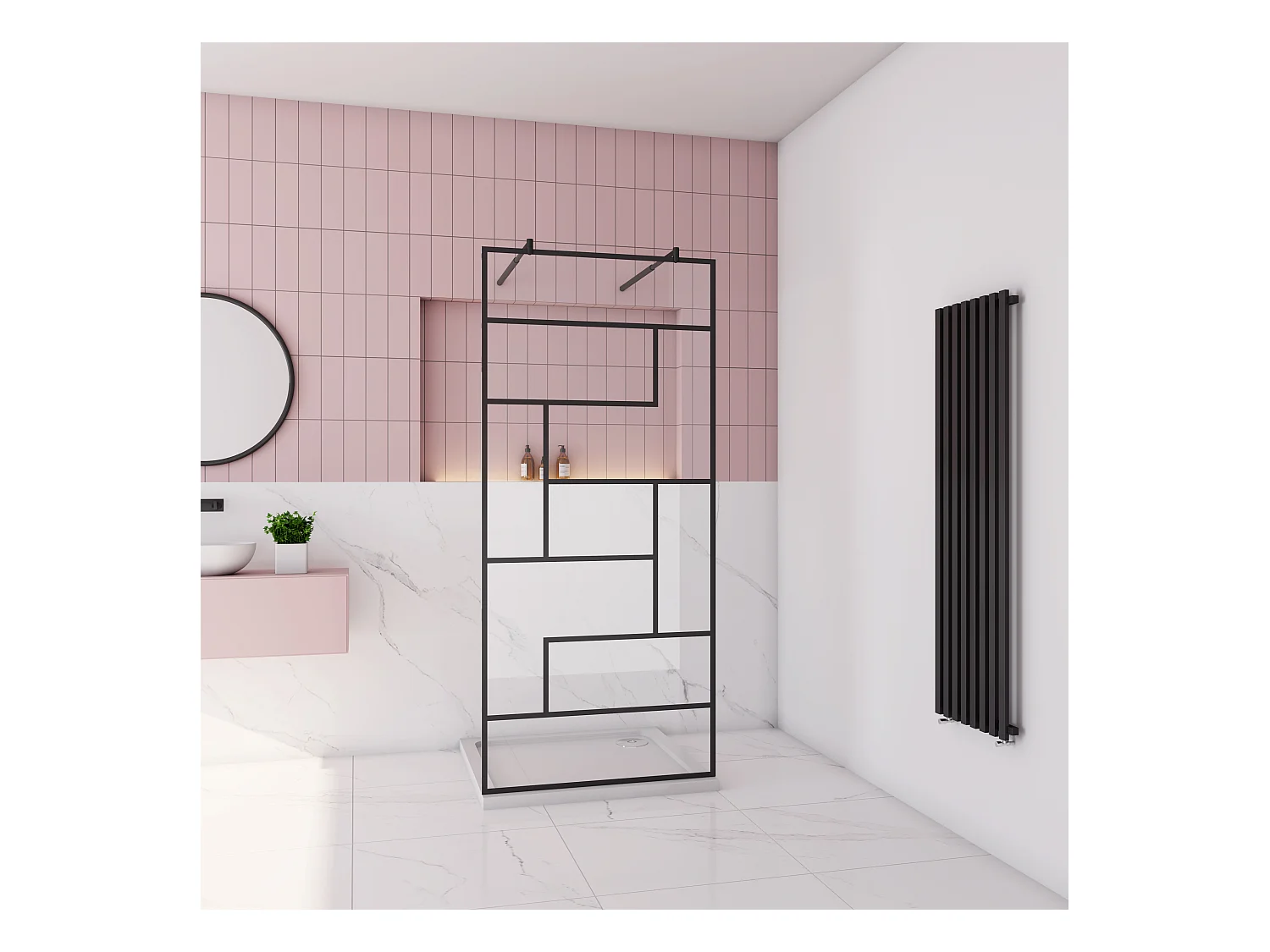 AICA paroi de douche 140x200cm avec 2 barre de fixation rond 70-120cm,Paroi de douche à l'italienne,8mm verre anticalcaire,style atelier -Noir mat