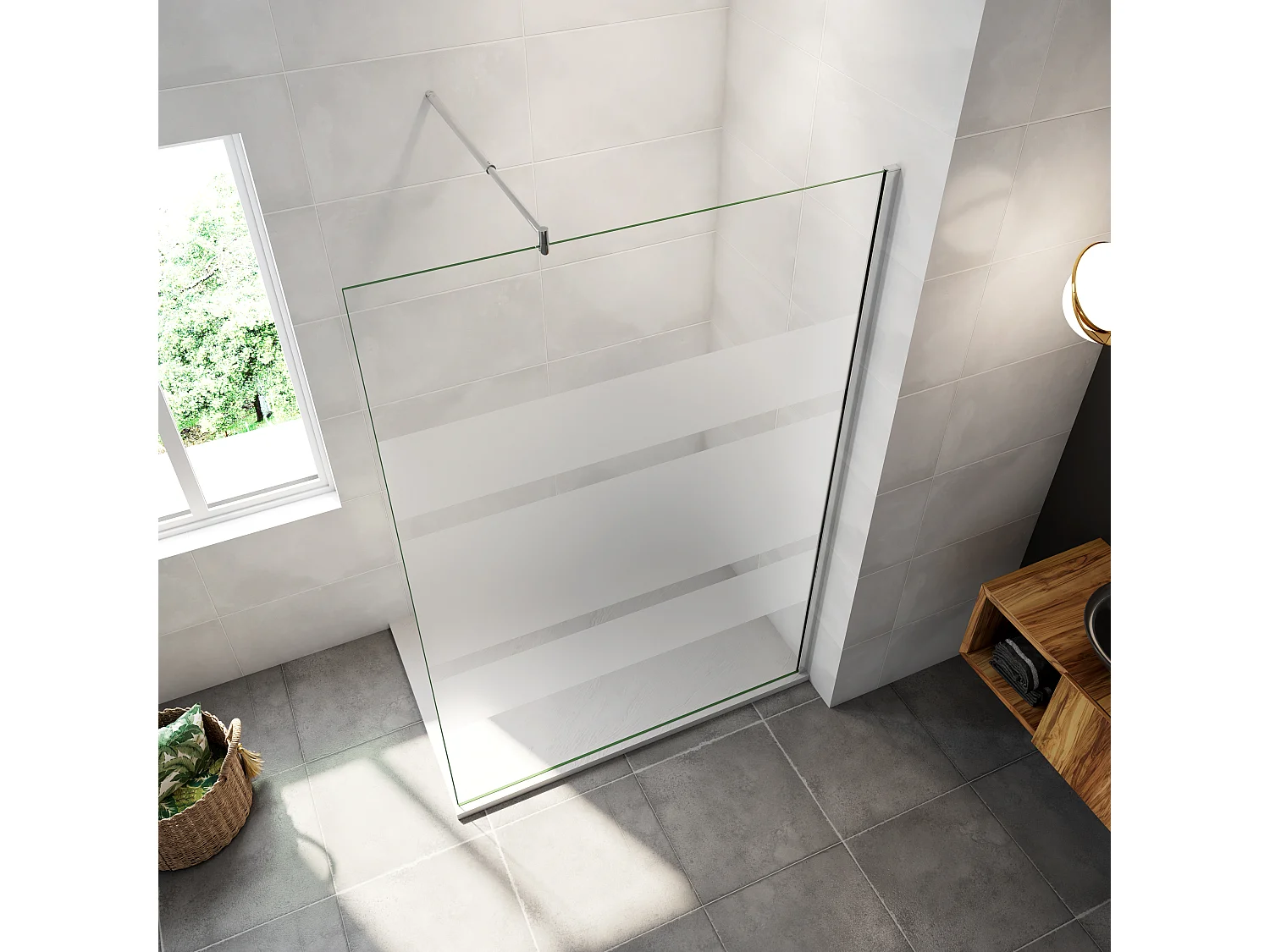 AICA paroi de douche à l'italienne 110x190cm,6mm verre anticalcaire avec bandes horizontales sérigraphiées,barre de fixation extensible 70-120cm