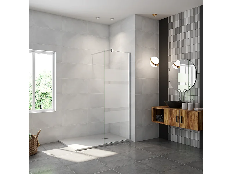 AICA paroi de douche à l'italienne chrome 90x190cm,6mm verre anticalcaire avec bandes horizontales sérigraphiées,barre de fixation 90cm en carré