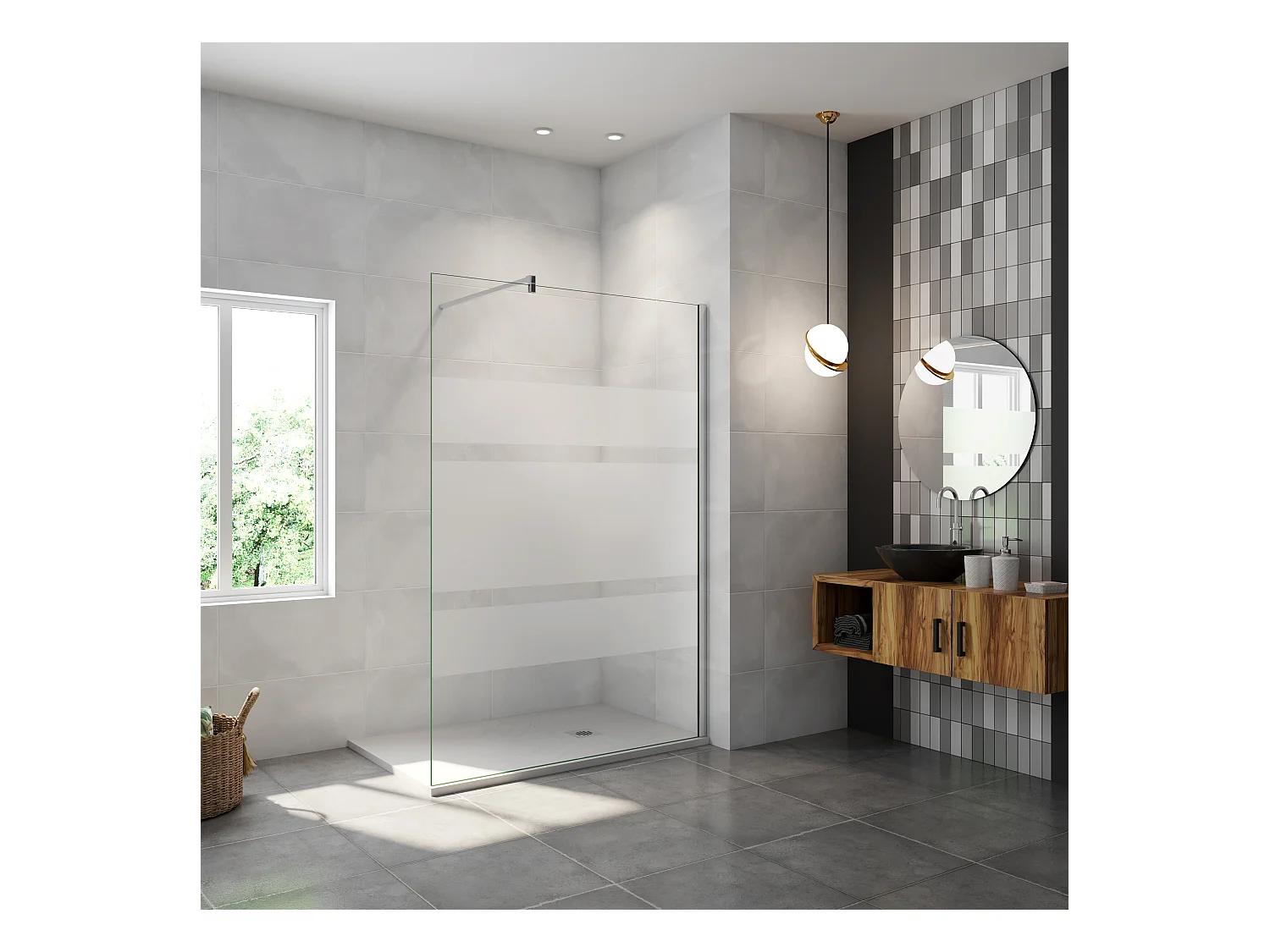 AICA inloopdouchewand chroom 100x190cm, 6mm antikalk glas met horizontale zeefdrukbanden, 90cm vierkante bevestigingsstang