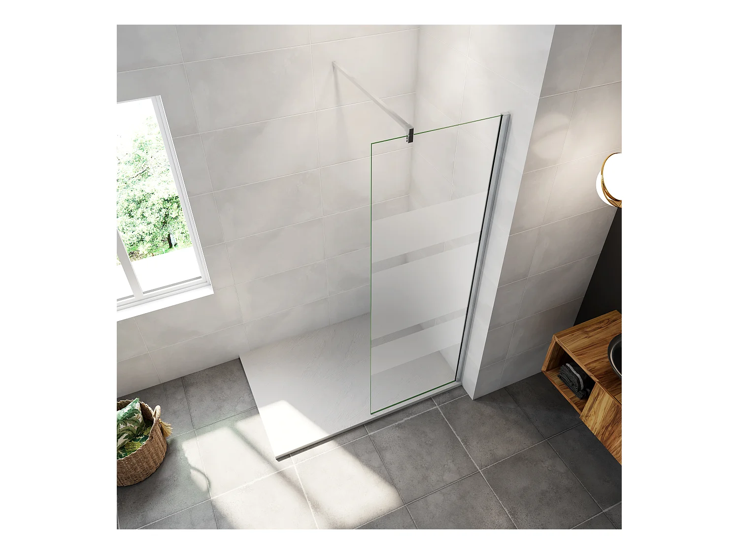 AICA paroi de douche à l'italienne chrome 70x190cm,6mm verre anticalcaire avec bandes horizontales sérigraphiées,barre de fixation 140cm en carré
