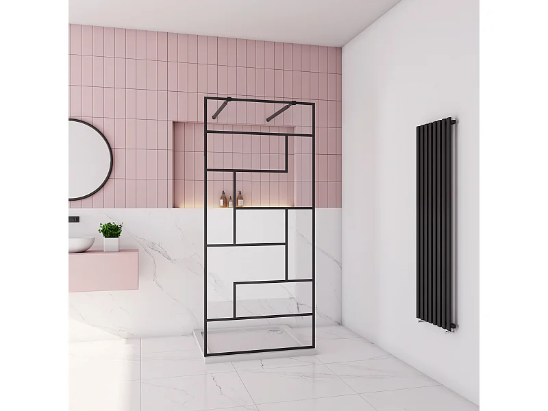 AICA paroi de douche 120x200cm avec 2 barre de fixation carrée 73-120cm,Paroi de douche à l'italienne,8mm verre anticalcaire,style atelier -Noir mat