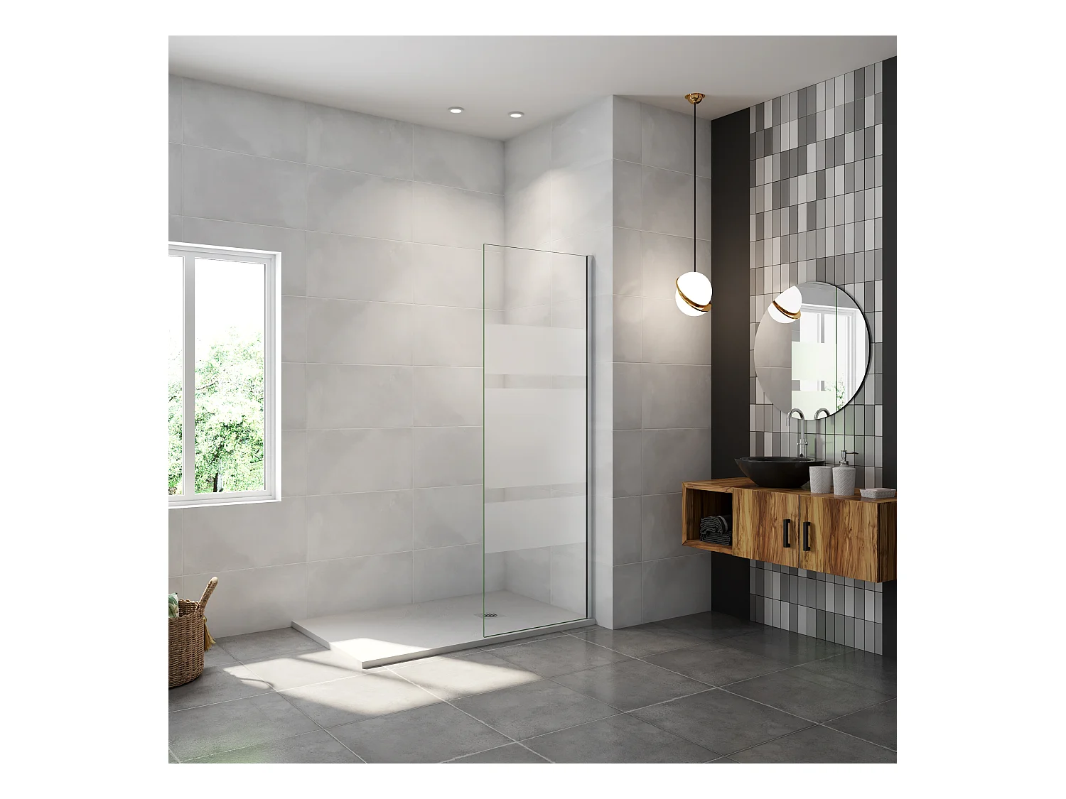 AICA paroi de douche à l'italienne 80x190cm,6mm verre anticalcaire,paroi fixe avec bandes horizontales sérigraphiées