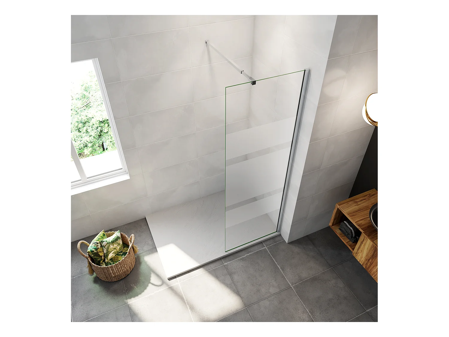 AICA paroi de douche à l'italienne 80x190cm,6mm verre anticalcaire avec bandes horizontales sérigraphiées,barre de fixation extensible 73-120cm