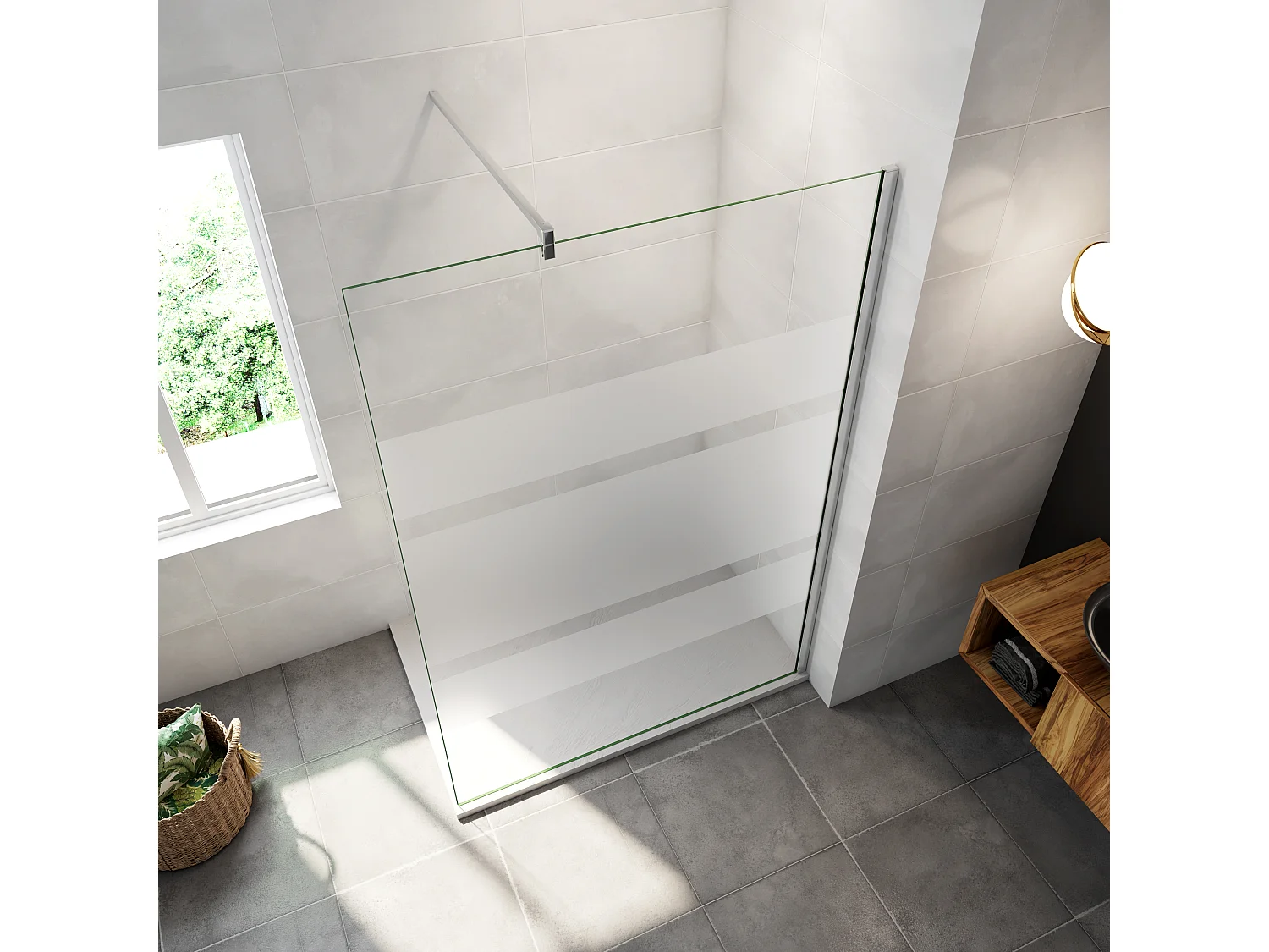 AICA paroi de douche à l'italienne chrome 140x190cm,6mm verre anticalcaire avec bandes horizontales sérigraphiées,barre de fixation 140cm en carré