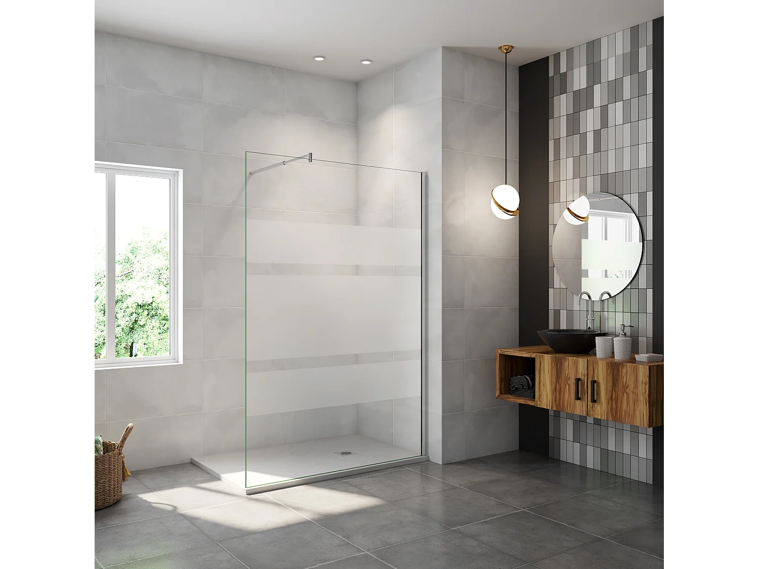 AICA paroi de douche à l'italienne 140x190cm,6mm verre anticalcaire avec bandes horizontales sérigraphiées,barre de fixation extensible 70-120cm