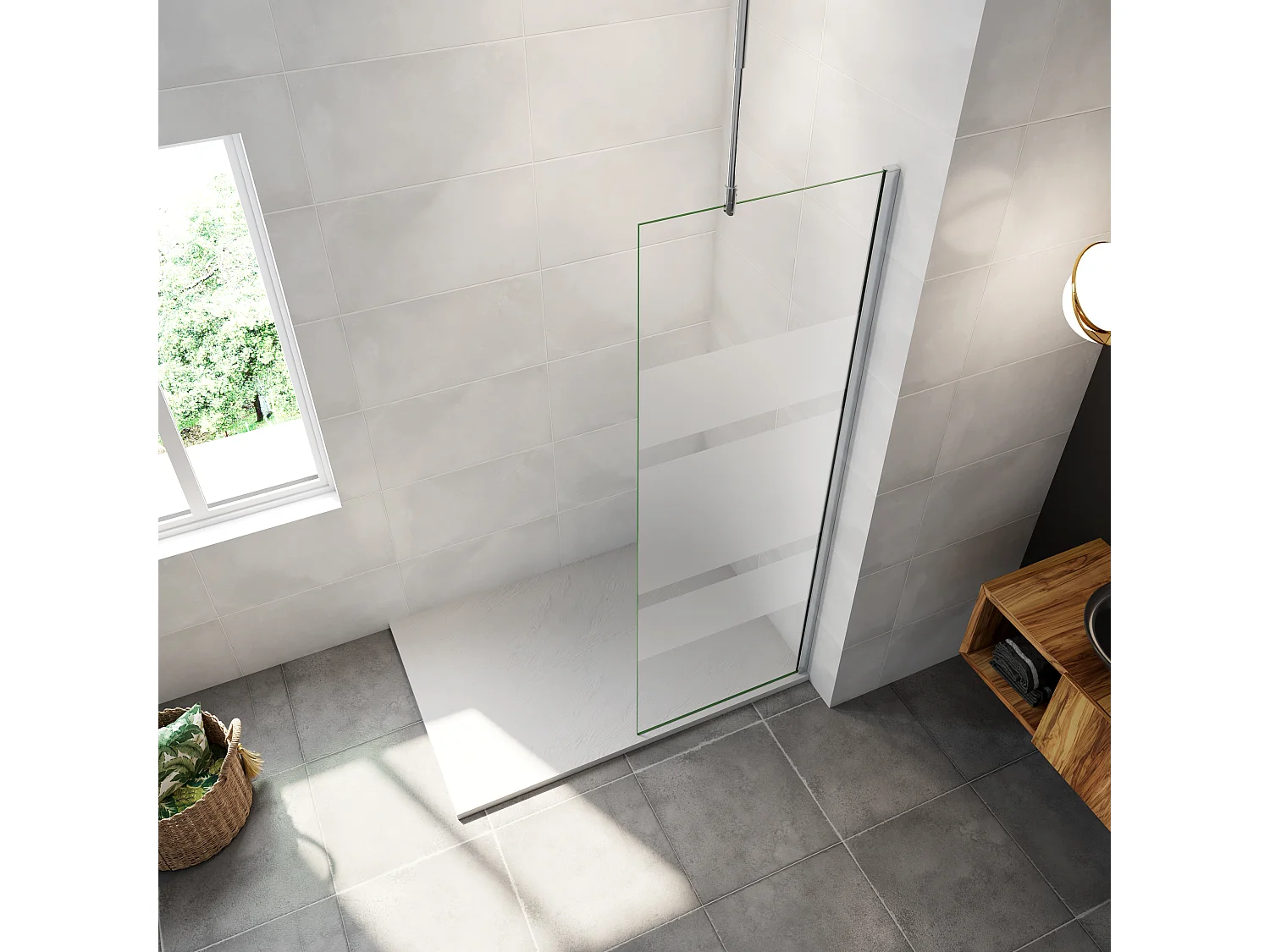 AICA paroi de douche à l'italienne chrome 70x190cm,6mm verre anticalcaire - bandes horizontales sérigraphiées,barre de fixation au plafond 90-150cm