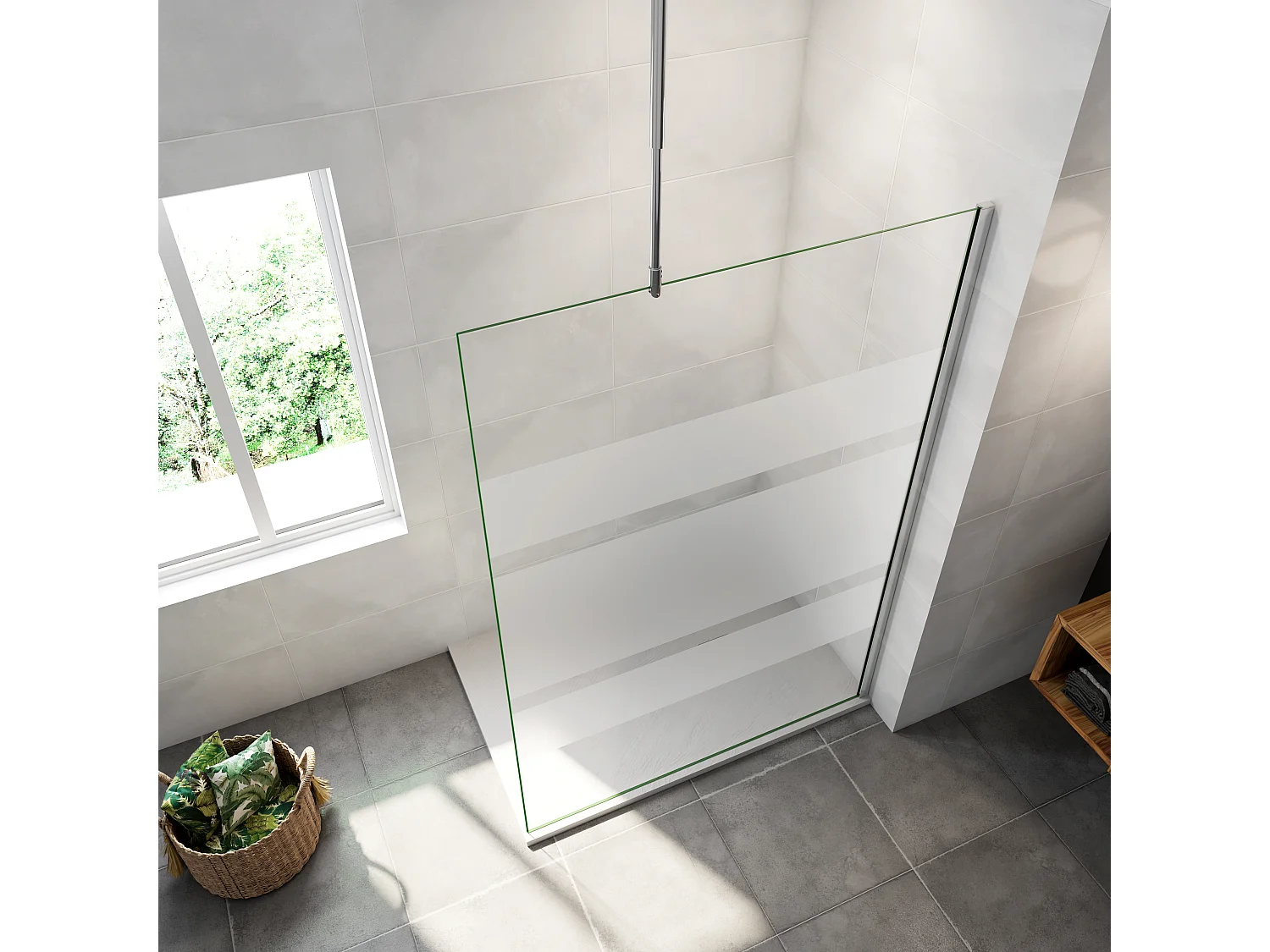 AICA inloopdouchewand chroom 110x190cm, 6mm antikalk glas - horizontale zeefdrukstrepen, plafondmontagestang 90-150cm