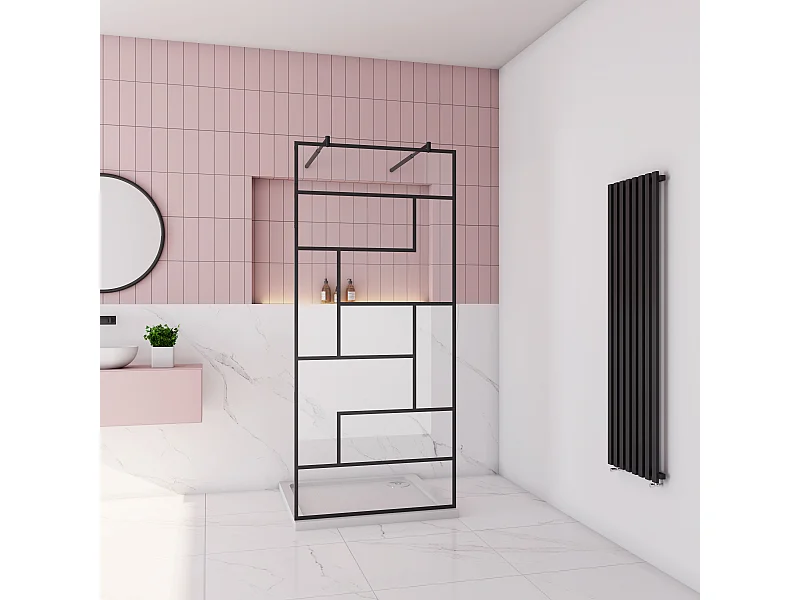 AICA paroi de douche 100x200cm avec 2 barre de fixation rond 70-120cm,Paroi de douche à l'italienne,8mm verre anticalcaire,style atelier -Noir mat