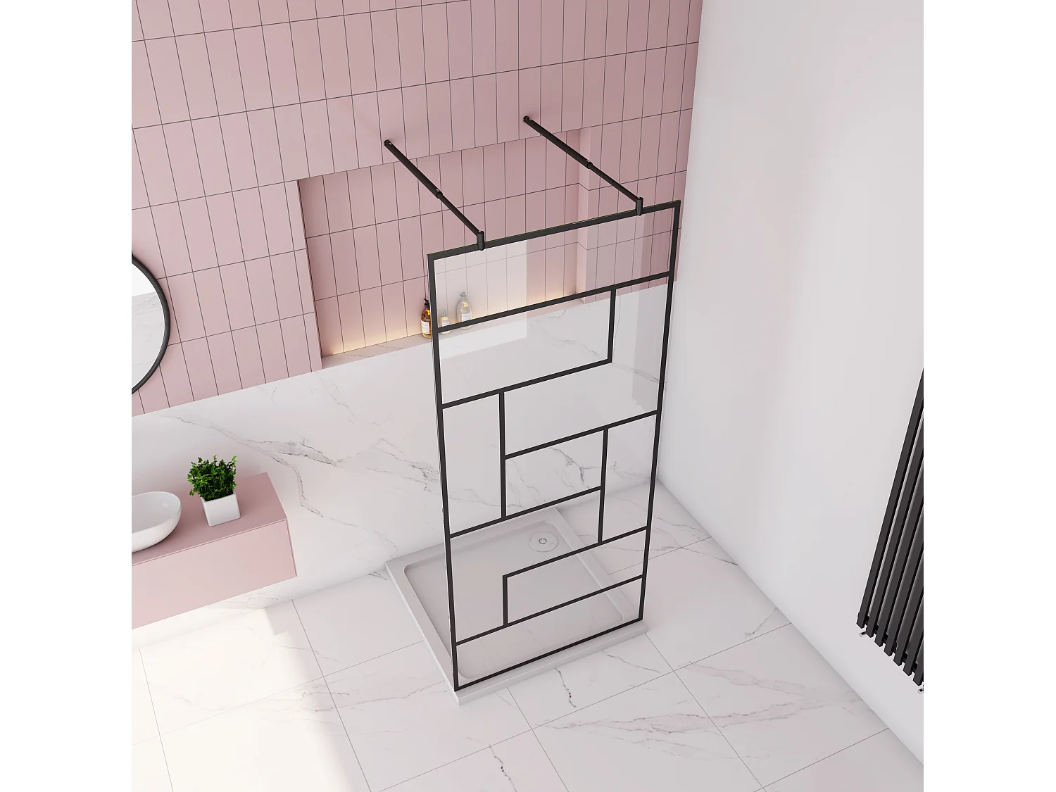 AICA paroi de douche 100x200cm avec 2 barre de fixation rond 70-120cm,Paroi de douche à l'italienne,8mm verre anticalcaire,style atelier -Noir mat