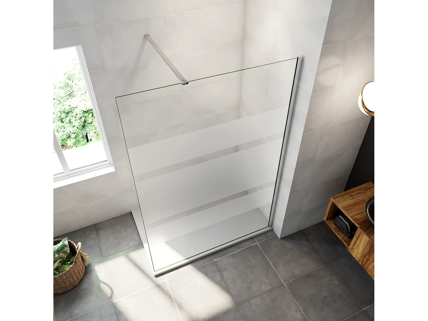AICA inloopdouchewand chroom 140x190cm, 6mm antikalk glas met horizontale zeefdrukbanden, met bevestigingsstang 140cm
