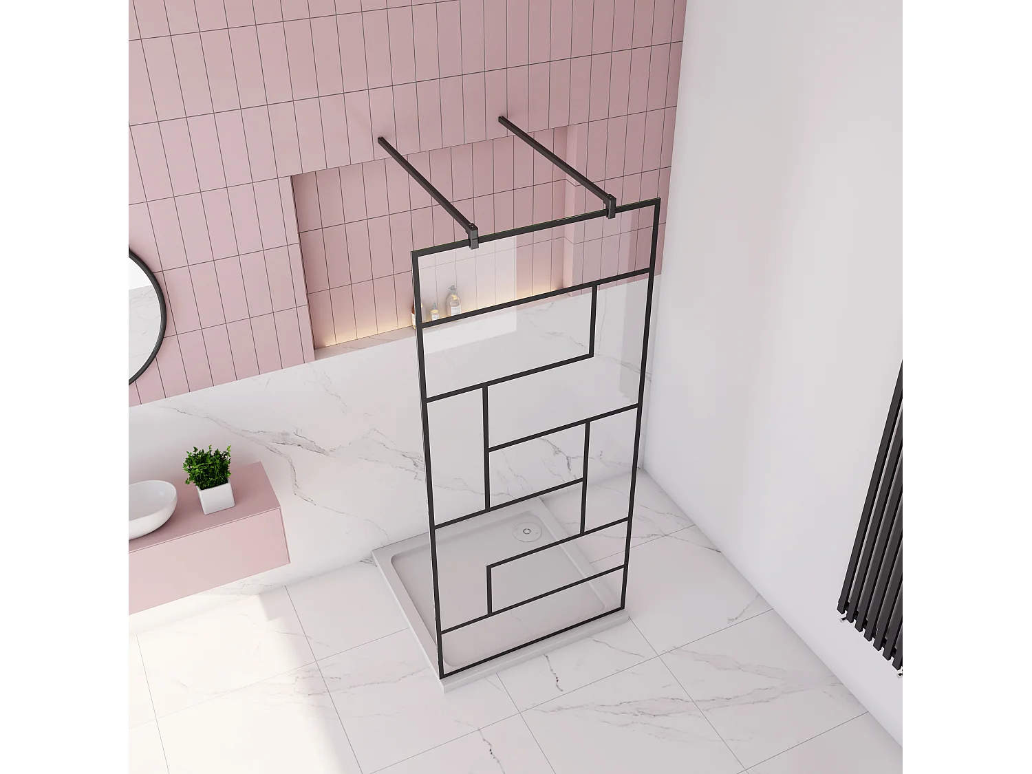 AICA paroi de douche 70x200cm avec 2 barre de fixation carrée 90cm,Paroi de douche à l'italienne,8mm verre anticalcaire,style atelier - Noir mat