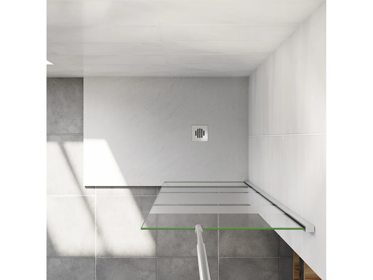 AICA paroi de douche à l'italienne chrome 60x190cm,6mm verre anticalcaire - bandes horizontales sérigraphiées,barre de fixation au plafond 90-150cm