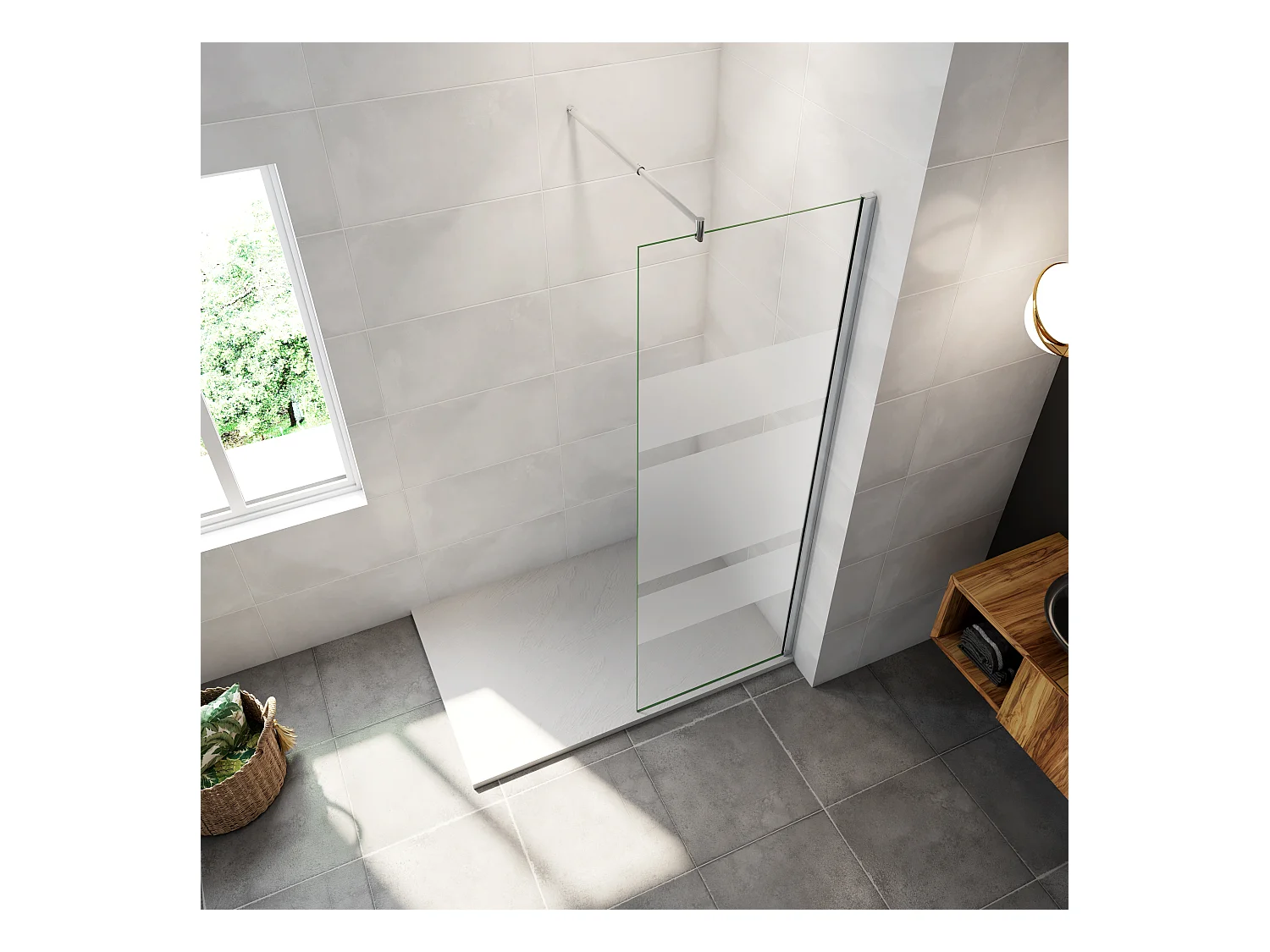 AICA inloopdouchewand 80x190cm, 6mm antikalk glas met horizontale zeefdrukbanden, uitschuifbare bevestigingsstang 70-120cm
