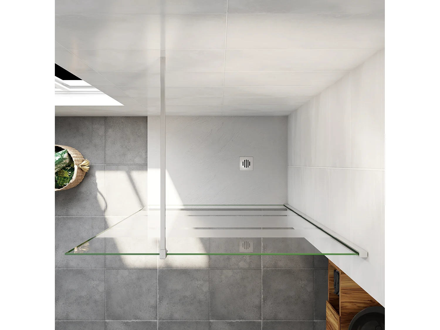 AICA inloopdouchewand chroom 110x190cm, 6mm antikalk glas met horizontale zeefdrukbanden, 140cm vierkante bevestigingsstang