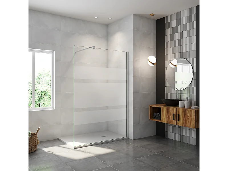 AICA paroi de douche à l'italienne chrome 110x190cm,6mm verre anticalcaire avec bandes horizontales sérigraphiées,barre de fixation 140cm en carré