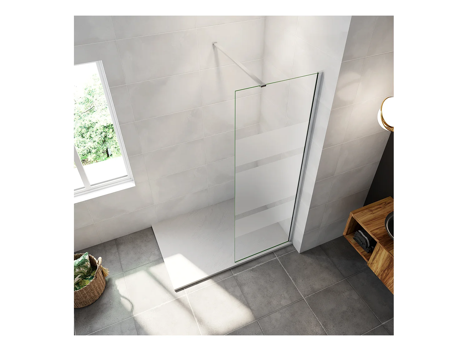 AICA paroi de douche à l'italienne chrome 60x190cm,6mm verre anticalcaire avec bandes horizontales sérigraphiées,avec barre de fixation 90cm