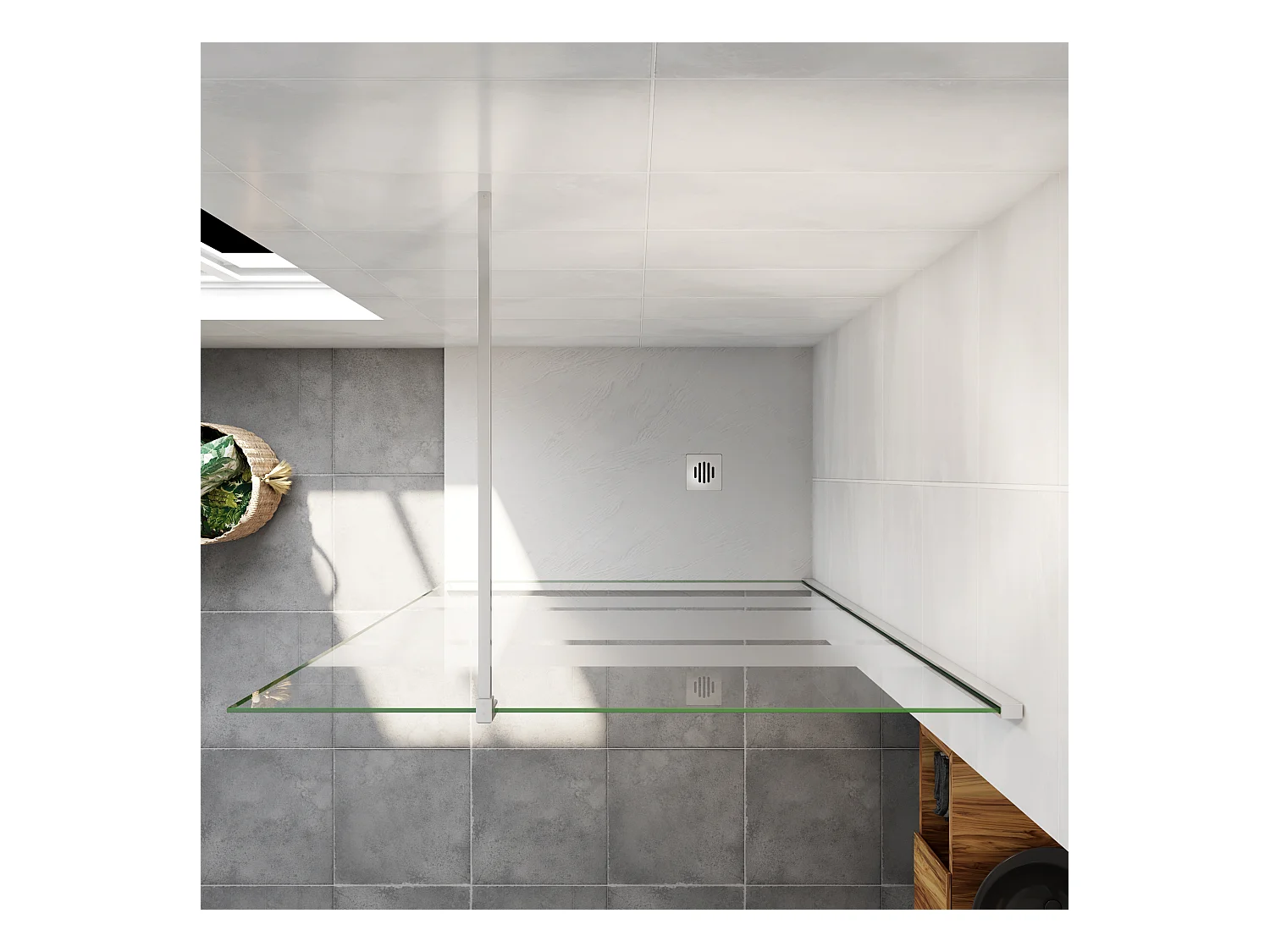 AICA inloopdouchewand chroom 100x190cm, 6mm antikalk glas met horizontale zeefdrukbanden, 140cm vierkante bevestigingsstang