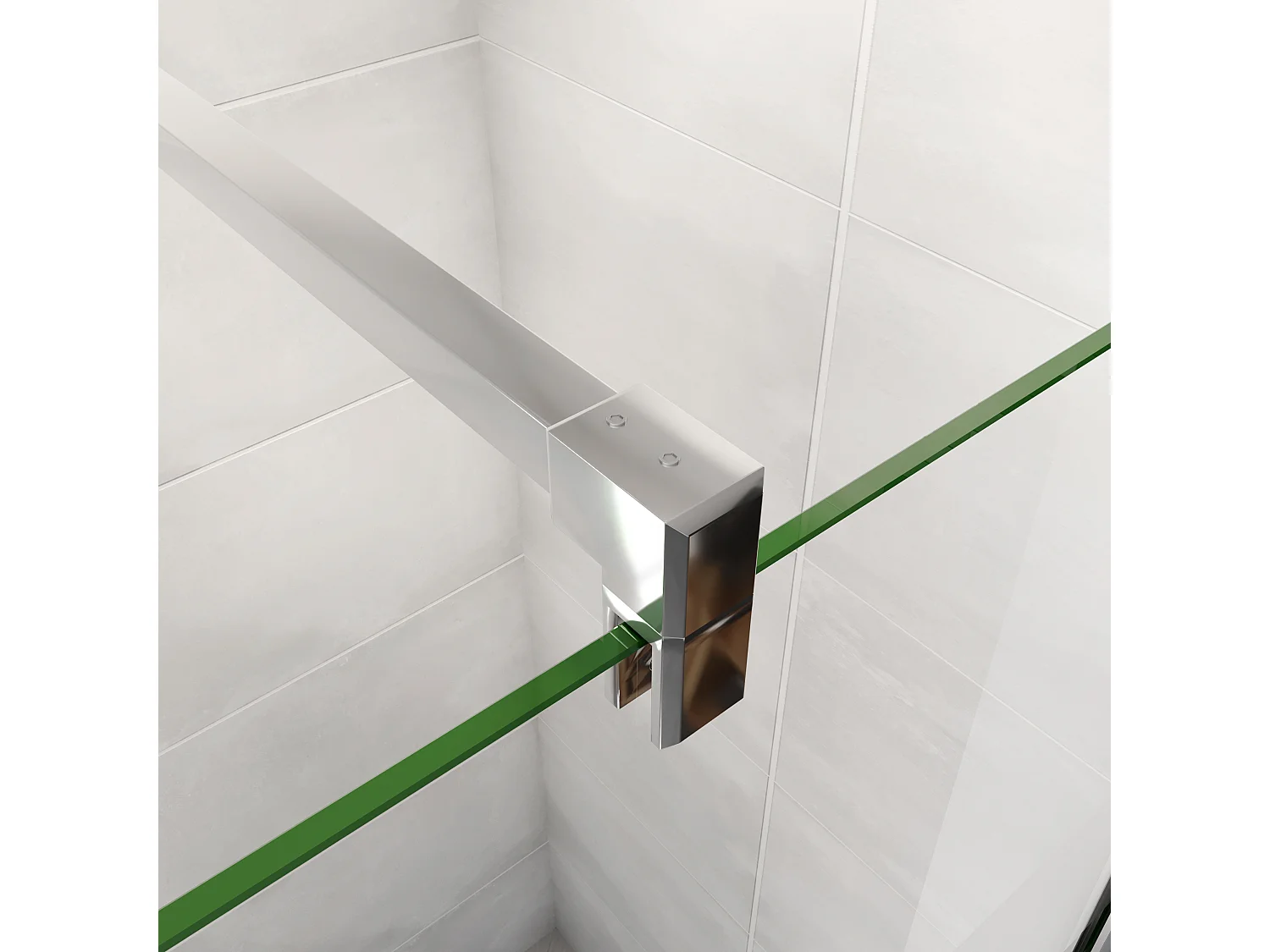 AICA inloopdouchewand chroom 100x190cm, 6mm antikalk glas met horizontale zeefdrukbanden, 140cm vierkante bevestigingsstang