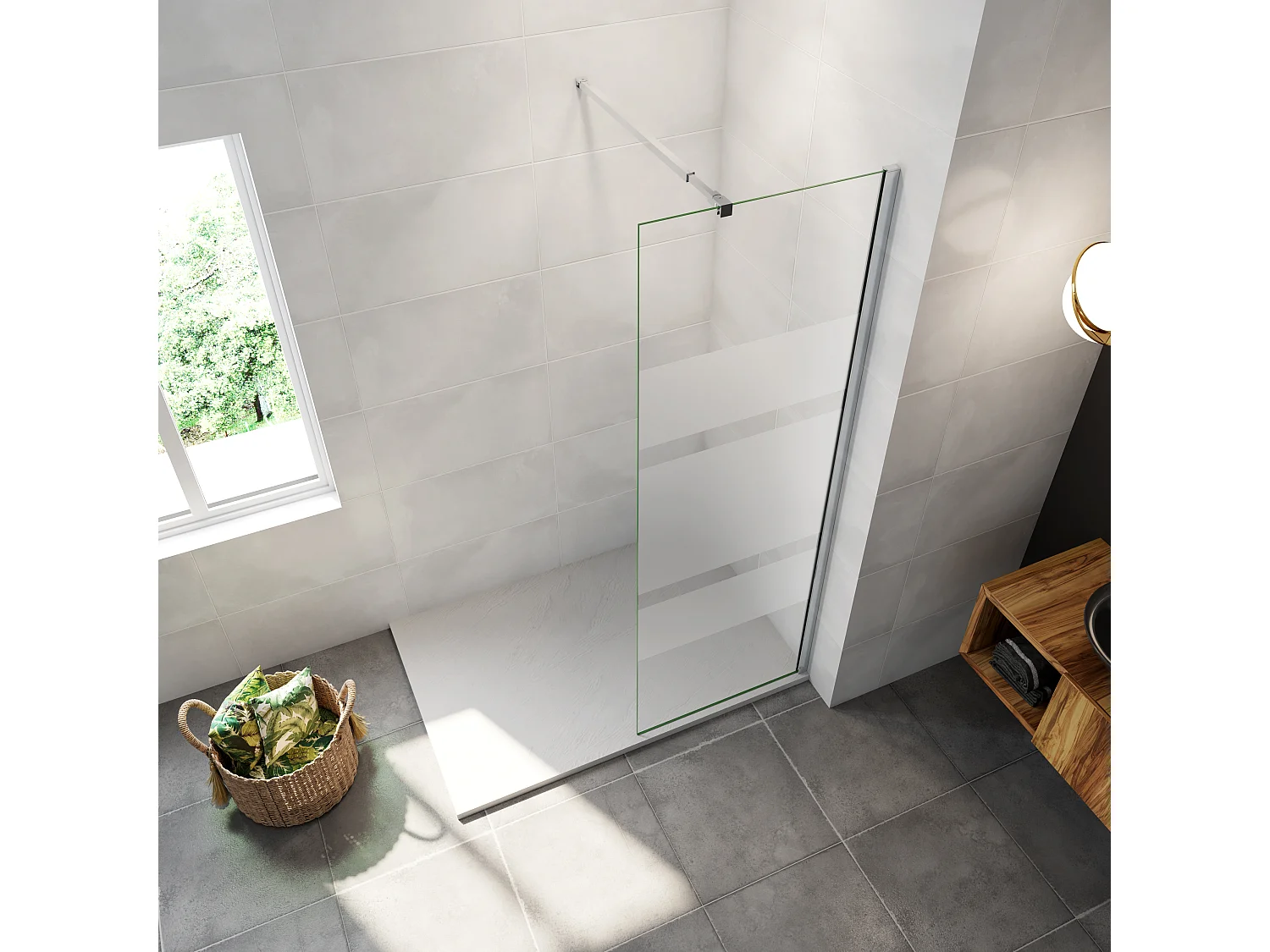 AICA paroi de douche à l'italienne 70x190cm,6mm verre anticalcaire avec bandes horizontales sérigraphiées,barre de fixation extensible 73-120cm