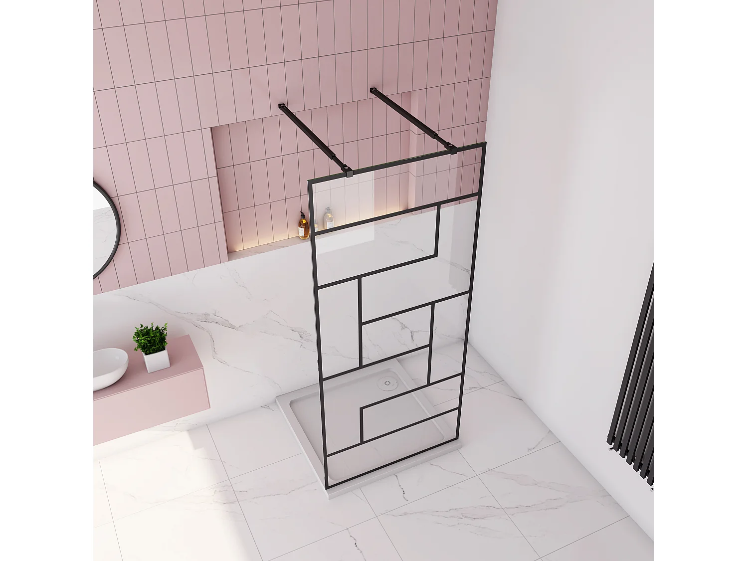 AICA paroi de douche 140x200cm avec 2 barre de fixation carrée 73-120cm,Paroi de douche à l'italienne,8mm verre anticalcaire,style atelier -Noir mat