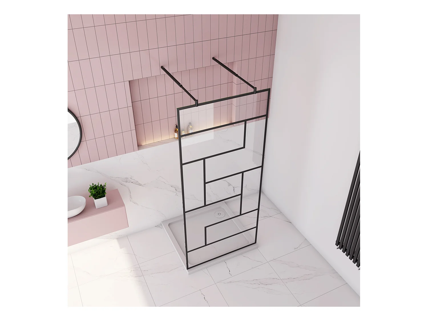 AICA paroi de douche 120x200cm avec 2 barre de fixation rond 70-120cm,Paroi de douche à l'italienne,8mm verre anticalcaire,style atelier -Noir mat