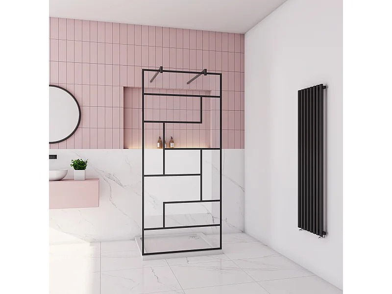 AICA paroi de douche 120x200cm avec 2 barre de fixation carrée 90cm,Paroi de douche à l'italienne,8mm verre anticalcaire,style atelier -Noir mat