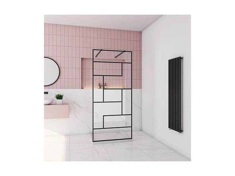 AICA paroi de douche 70x200cm avec 2 barre de fixation carrée 73-120cm,Paroi de douche à l'italienne,8mm verre anticalcaire,style atelier - Noir mat