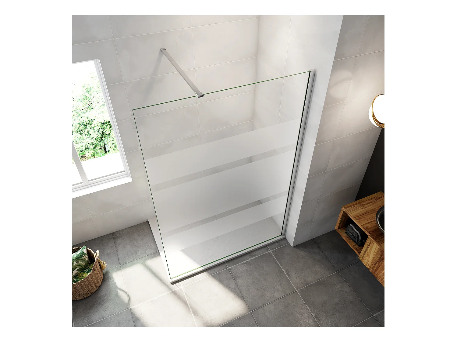 AICA inloopdouchewand chroom 100x190cm, 6mm antikalk glas met horizontale zeefdrukbanden, met 90cm bevestigingsstang