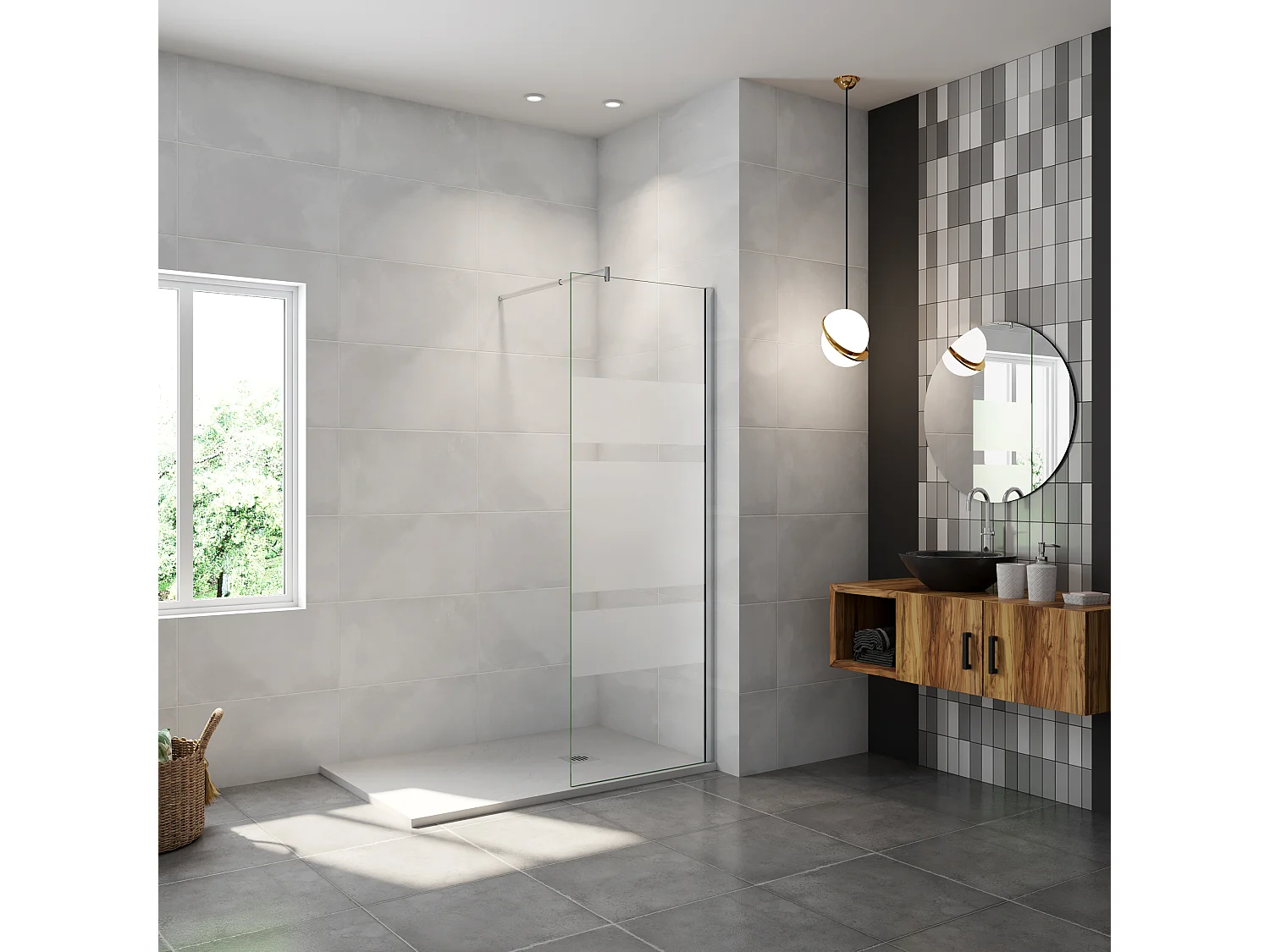 AICA paroi de douche à l'italienne 60x190cm,6mm verre anticalcaire avec bandes horizontales sérigraphiées,barre de fixation extensible 70-120cm
