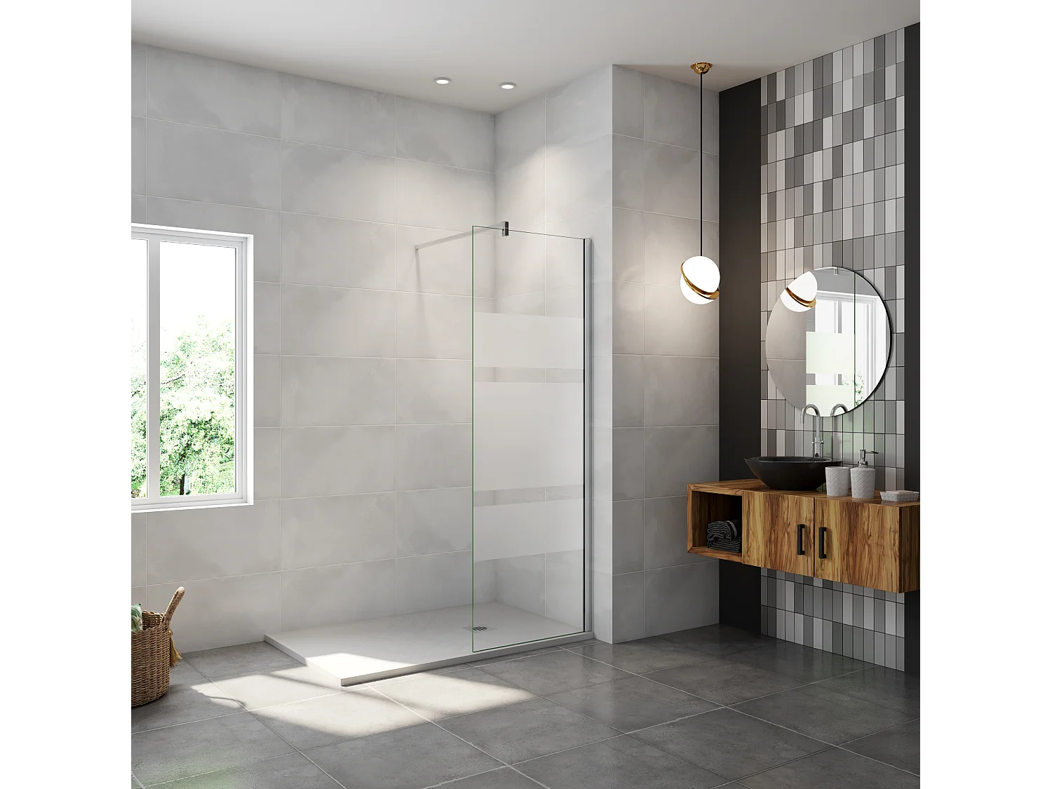 AICA paroi de douche à l'italienne chrome 70x190cm,6mm verre anticalcaire avec bandes horizontales sérigraphiées,barre de fixation 90cm en carré