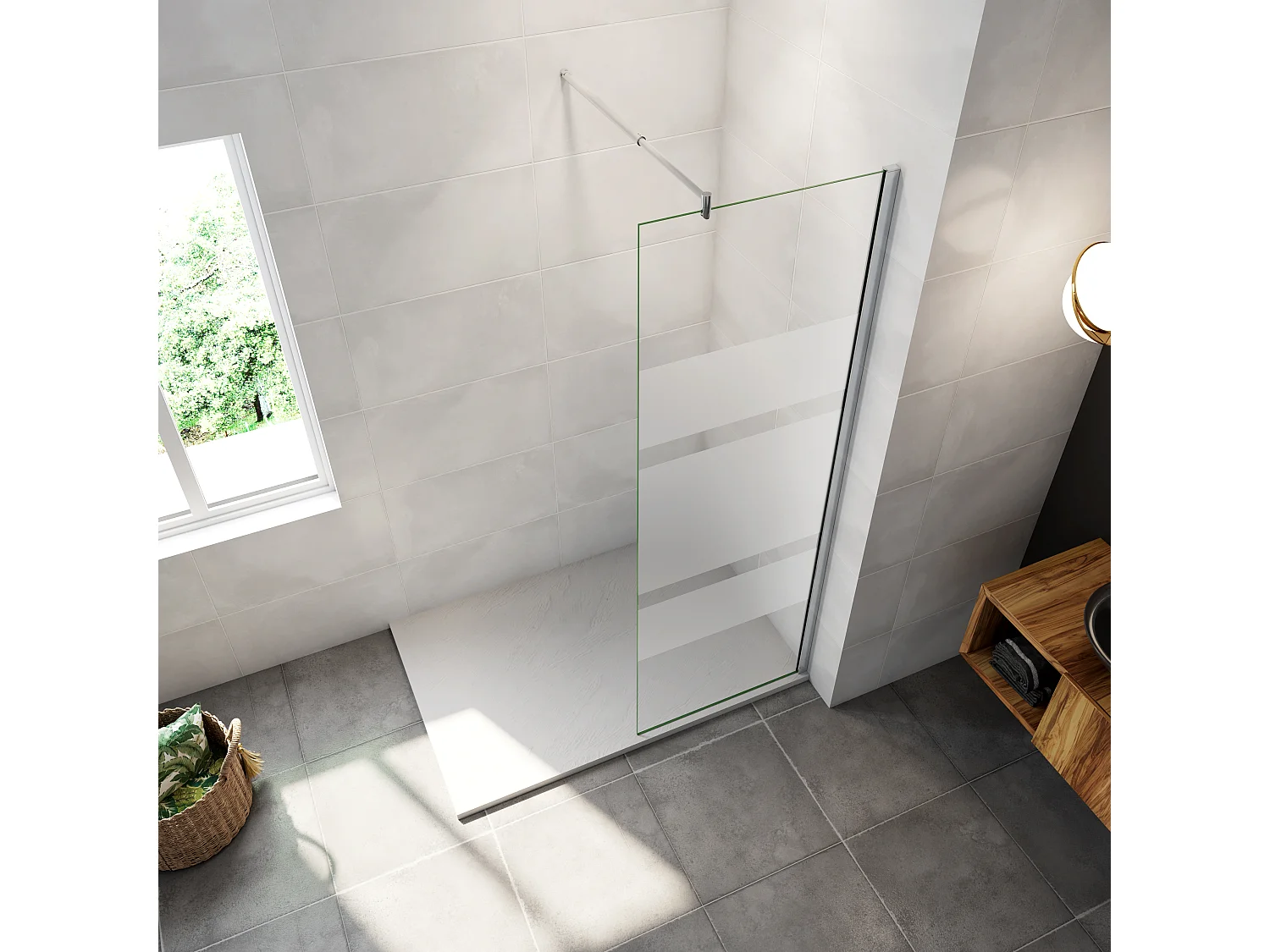 AICA paroi de douche à l'italienne 90x190cm,6mm verre anticalcaire avec bandes horizontales sérigraphiées,barre de fixation extensible 70-120cm