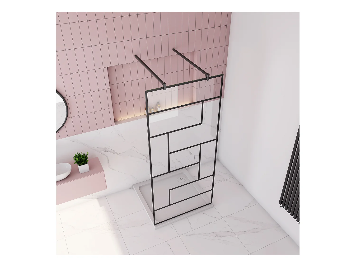 AICA paroi de douche 90x200cm avec 2 barre de fixation carrée 90cm,Paroi de douche à l'italienne,8mm verre anticalcaire,style atelier - Noir mat